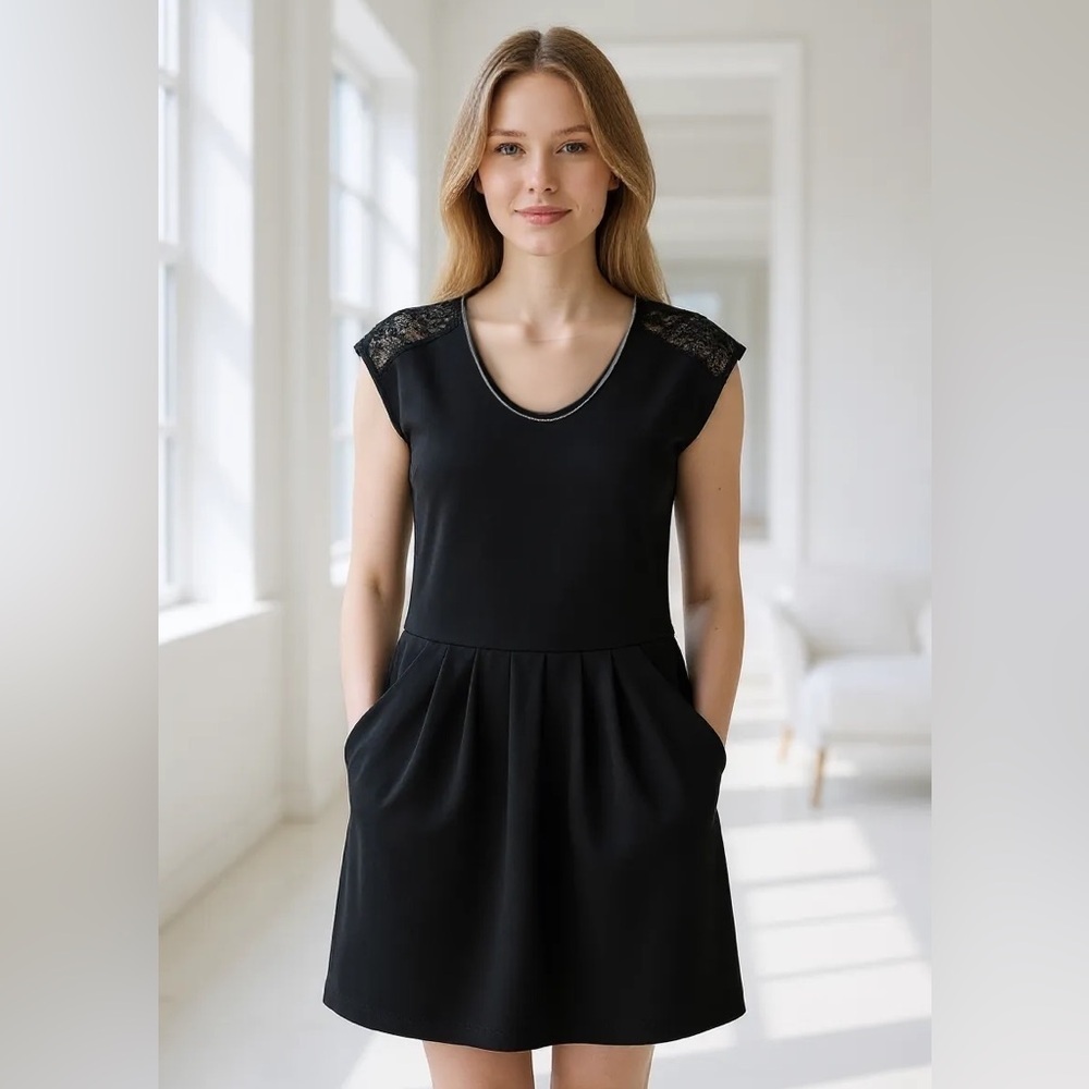 COLLECTIVE CONCEPTS Size S Black Little Black Dress Lace Zipper Trim Accents